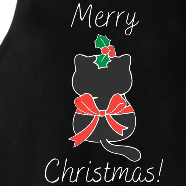 Christmas Cat Rapped Present Bow Ladies Tri-Blend Wicking Tank