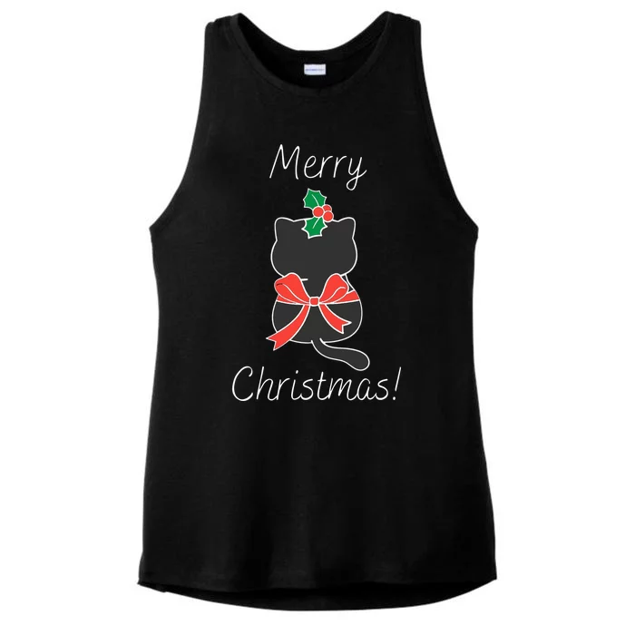 Christmas Cat Rapped Present Bow Ladies Tri-Blend Wicking Tank