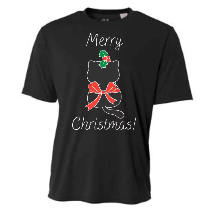 Christmas Cat Rapped Present Bow Cooling Performance Crew T-Shirt