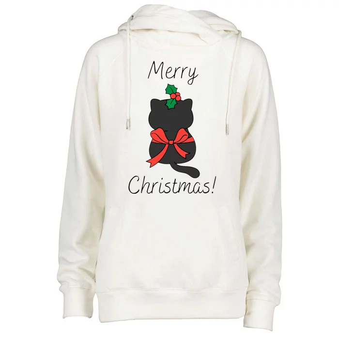 Christmas Cat Rapped Present Bow Womens Funnel Neck Pullover Hood