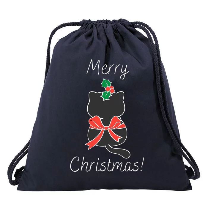 Christmas Cat Rapped Present Bow Drawstring Bag