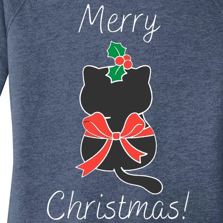 Christmas Cat Rapped Present Bow Women's Perfect Tri Tunic Long Sleeve Shirt