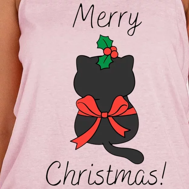 Christmas Cat Rapped Present Bow Women's Knotted Racerback Tank