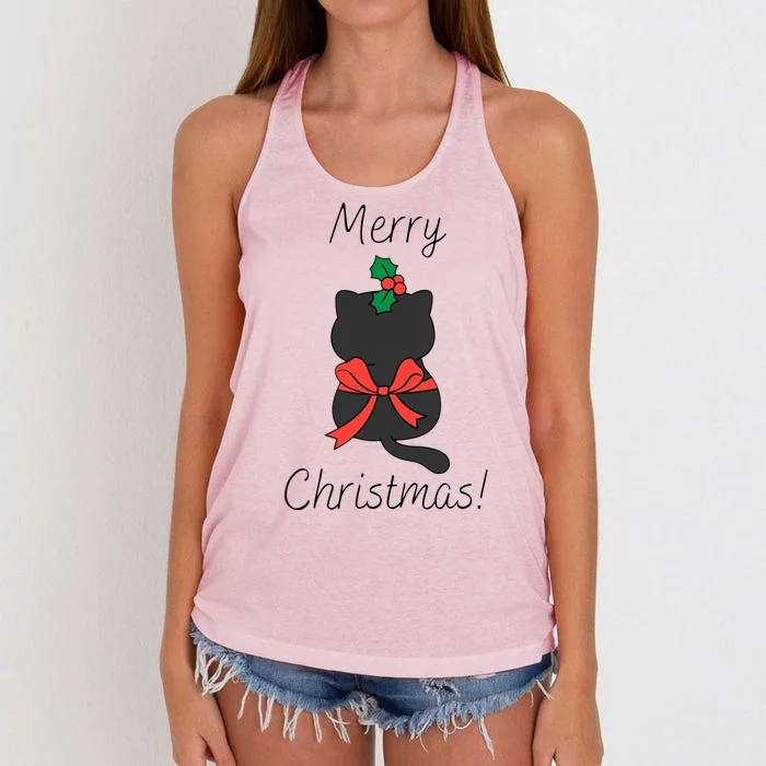 Christmas Cat Rapped Present Bow Women's Knotted Racerback Tank