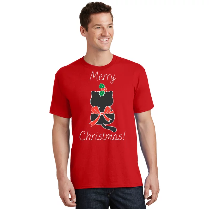 Christmas Cat Rapped Present Bow T-Shirt