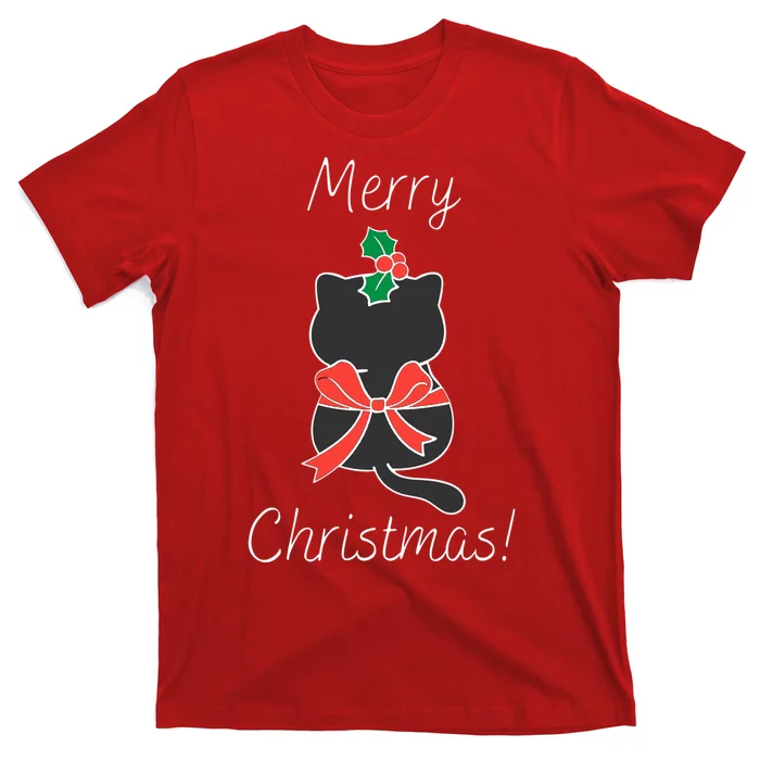 Christmas Cat Rapped Present Bow T-Shirt