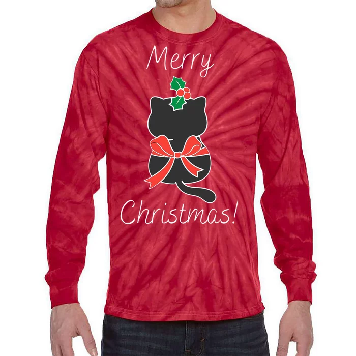 Christmas Cat Rapped Present Bow Tie-Dye Long Sleeve Shirt