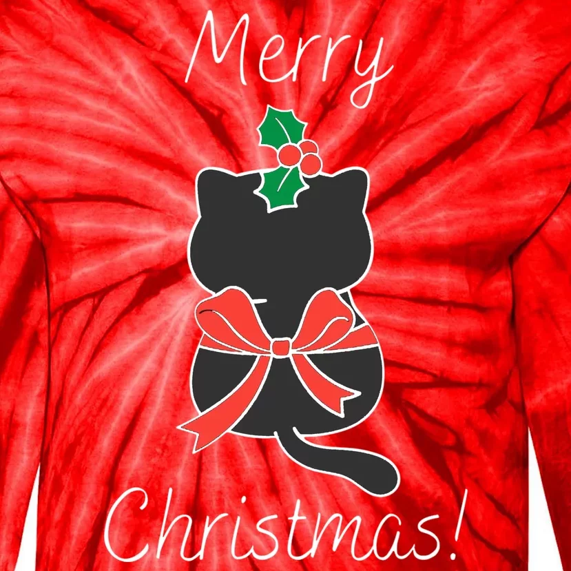 Christmas Cat Rapped Present Bow Tie-Dye Long Sleeve Shirt