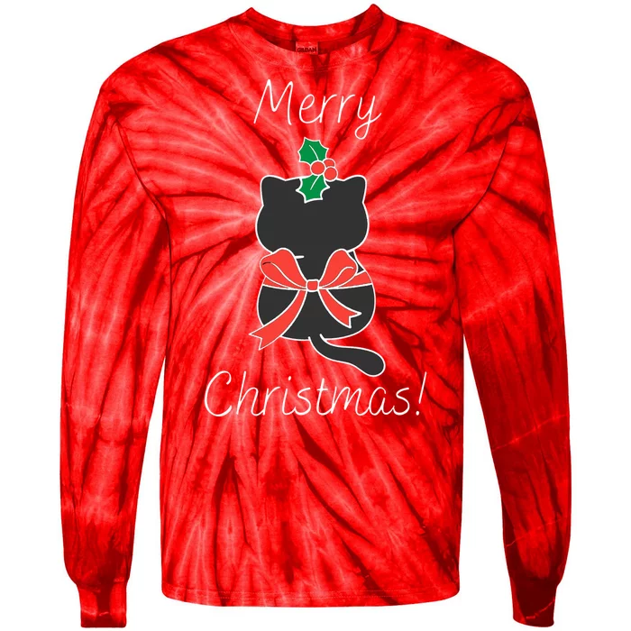 Christmas Cat Rapped Present Bow Tie-Dye Long Sleeve Shirt