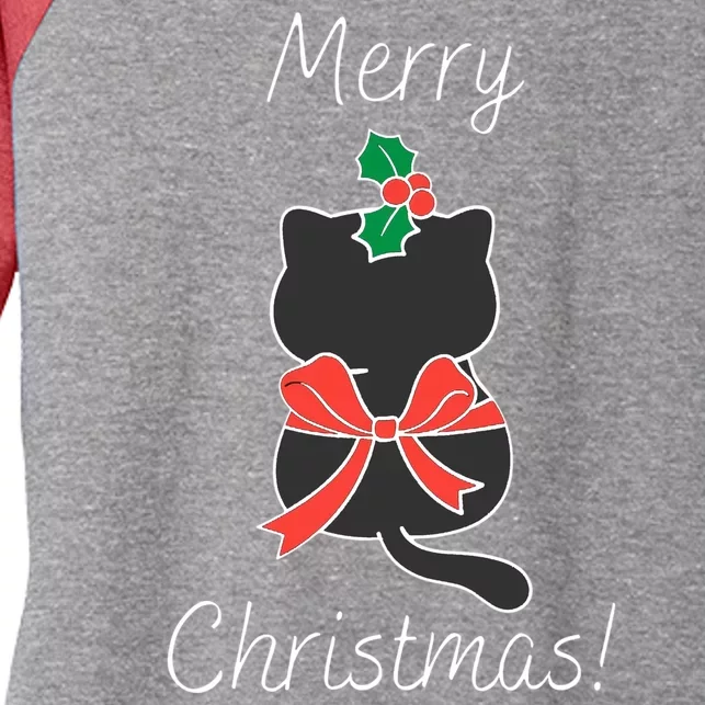 Christmas Cat Rapped Present Bow Women's Tri-Blend 3/4-Sleeve Raglan Shirt