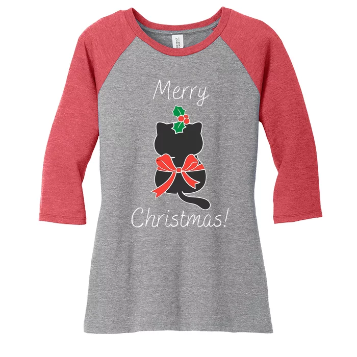 Christmas Cat Rapped Present Bow Women's Tri-Blend 3/4-Sleeve Raglan Shirt