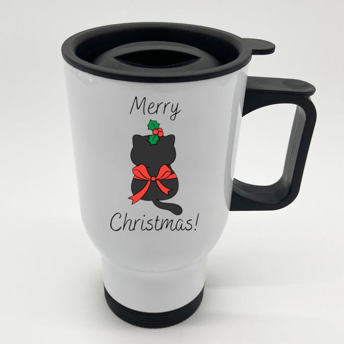 Christmas Cat Rapped Present Bow Front & Back Stainless Steel Travel Mug