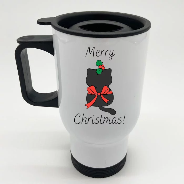 Christmas Cat Rapped Present Bow Front & Back Stainless Steel Travel Mug