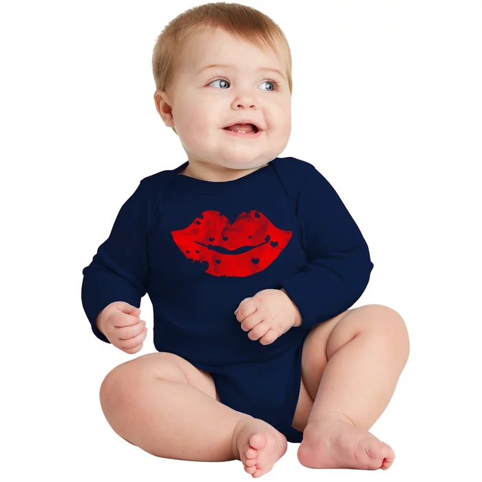 Cute Cloudy Red Lips Great Gift Hearts Distressed Valentine's Day Meaningful Gif Baby Long Sleeve Bodysuit