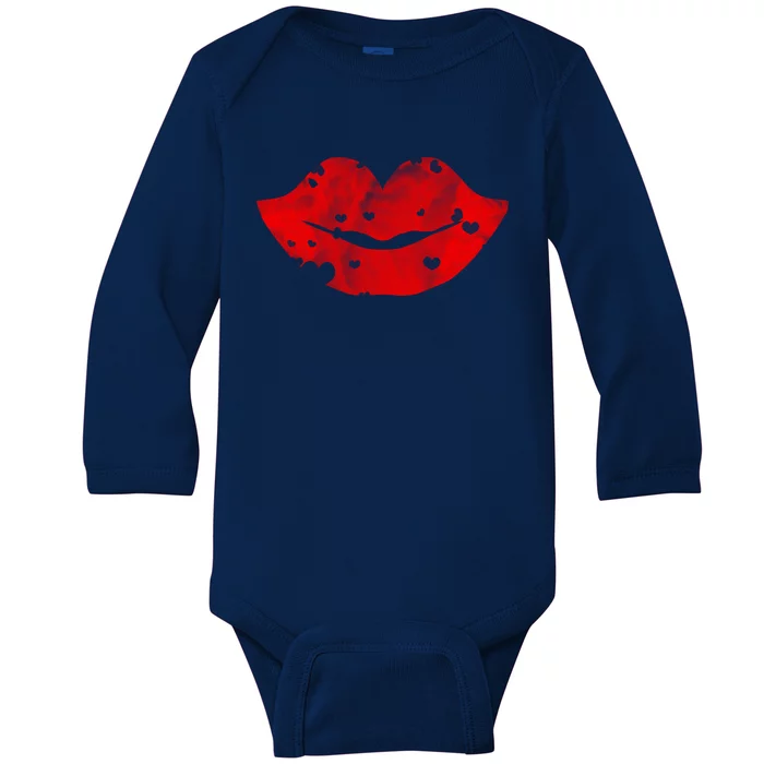 Cute Cloudy Red Lips Great Gift Hearts Distressed Valentine's Day Meaningful Gif Baby Long Sleeve Bodysuit