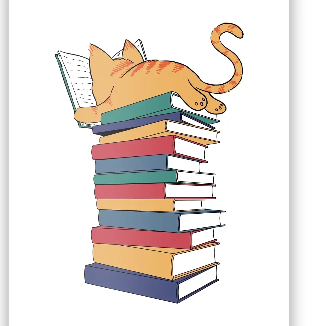 Cute Cat Reading Books Kitten Kitty Lover Reader Poster