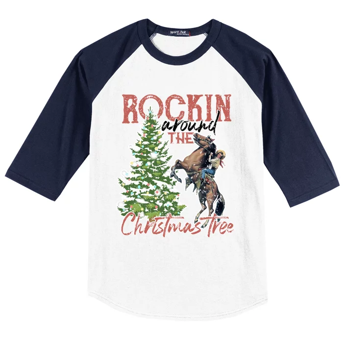 Cool Cow Rockin Around Christmas Tree Ladies Gift Baseball Sleeve Shirt