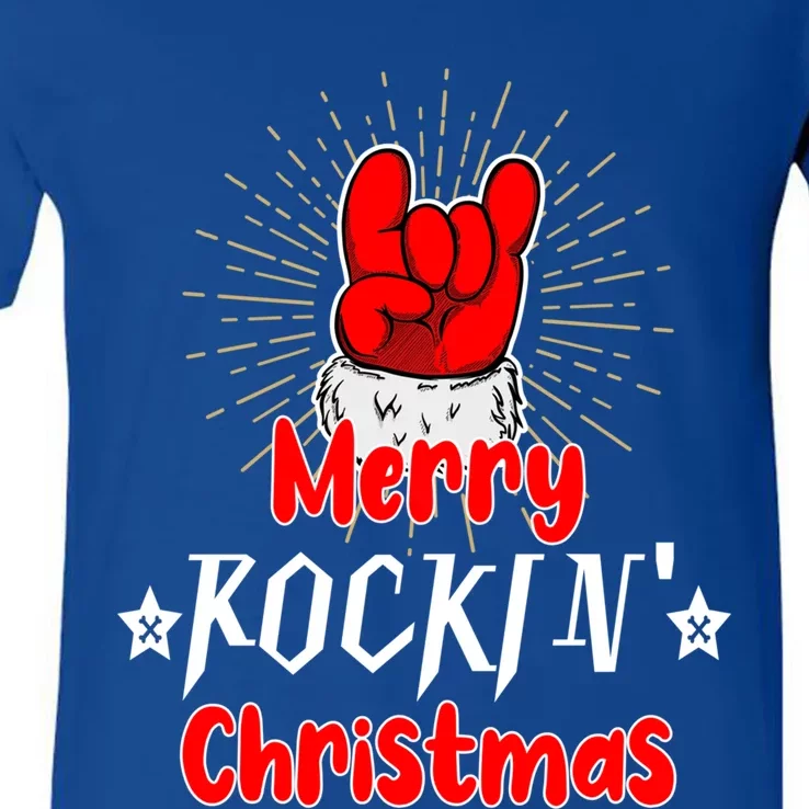 Christmas Cool Rock And Roll Santa Hand Merry Rockin Xmas Funny Gift V-Neck T-Shirt