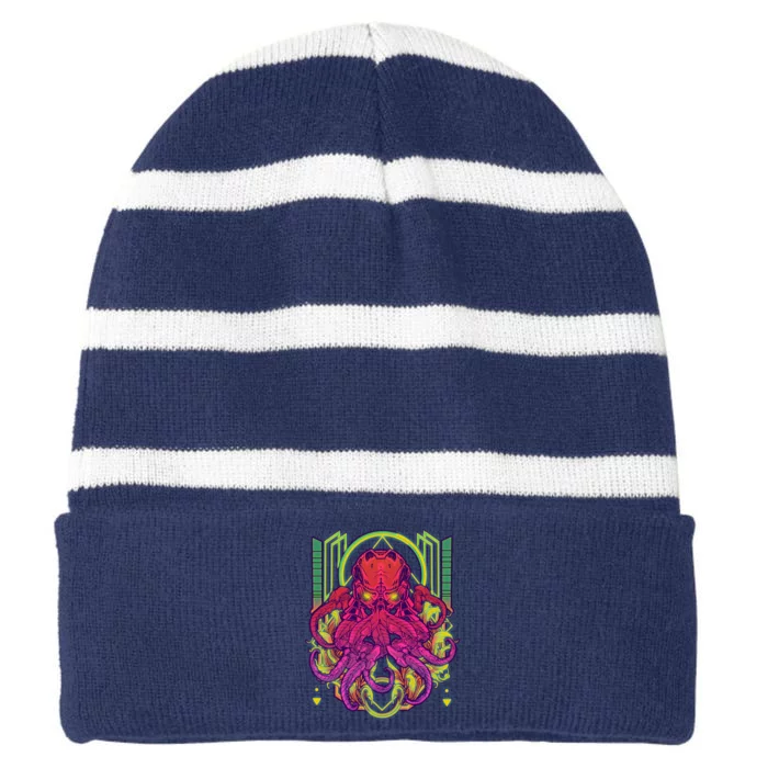 Cool Cybernetic Robot Octopus Squid Striped Beanie with Solid Band