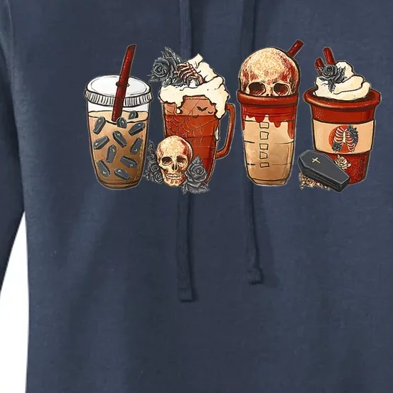 Coffee Cups Retro Groovy Flowers Plants Skeleton Halloween Gift Women's Pullover Hoodie