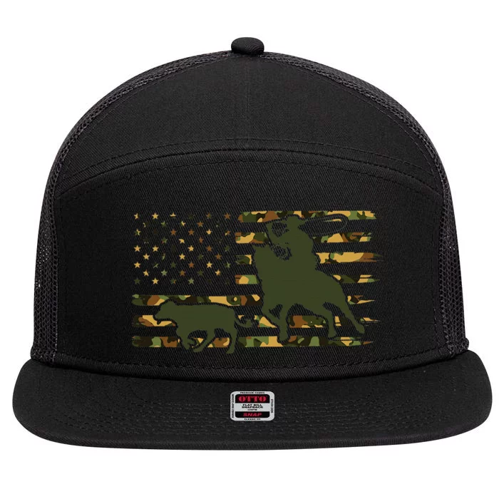 Camo Cowboy Roping Cowboy American Flag Roping 7 Panel Mesh Trucker Snapback Hat