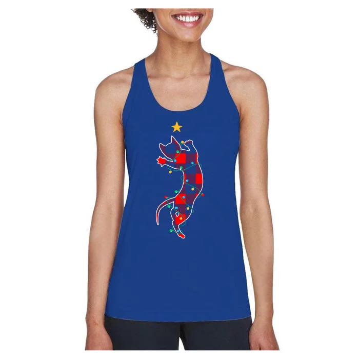 Christmas Cat Red Plaid Christmas Light Women's Racerback Tank