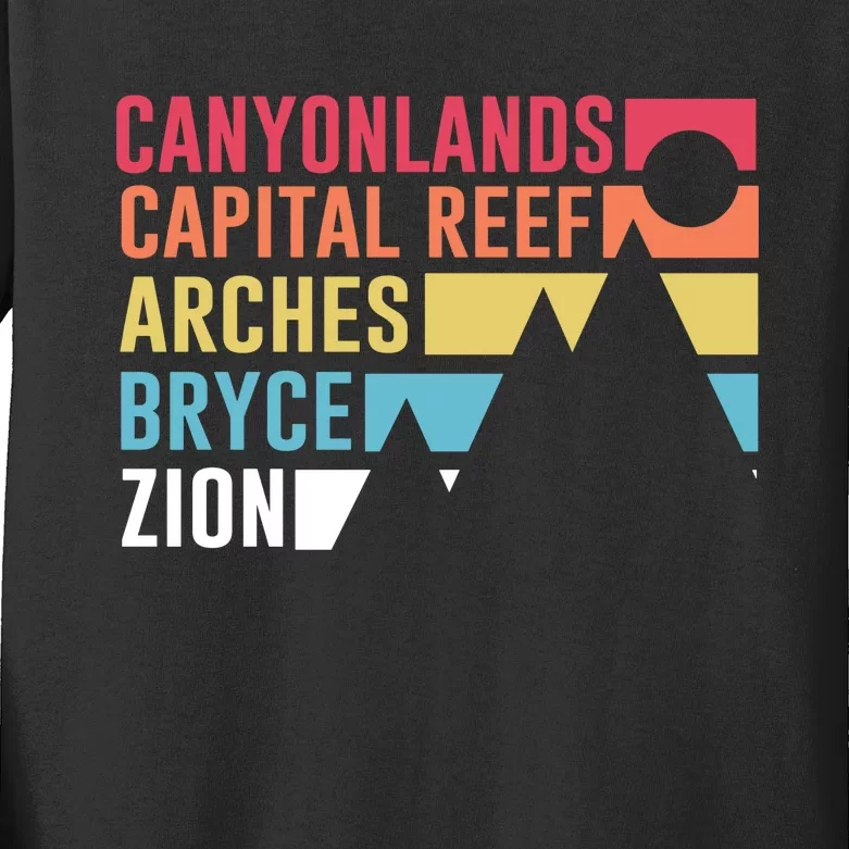 Canyonlands Capital Reef Arches Zion Bryce Utahs National Parks Kids Long Sleeve Shirt