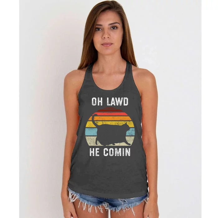 Chonk Cat Retro Style Vintage Meme Oh Lawd He Comin Women's Knotted Racerback Tank