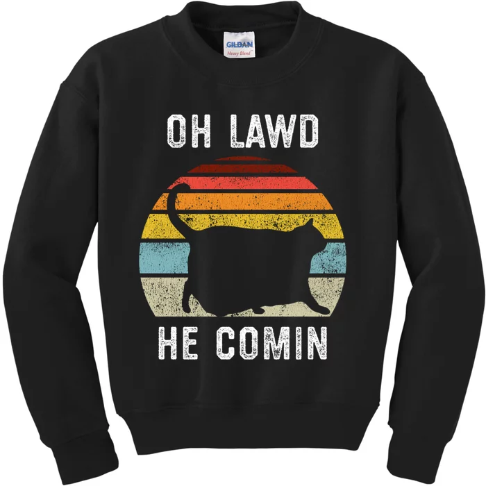 Chonk Cat Retro Style Vintage Meme Oh Lawd He Comin Kids Sweatshirt