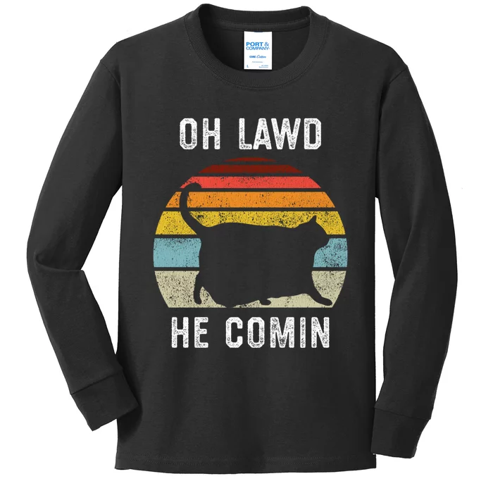 Chonk Cat Retro Style Vintage Meme Oh Lawd He Comin Kids Long Sleeve Shirt