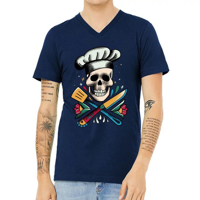 Cooking Chef Skull V-Neck T-Shirt