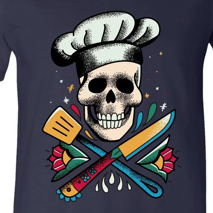 Cooking Chef Skull V-Neck T-Shirt