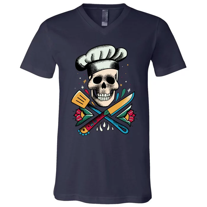 Cooking Chef Skull V-Neck T-Shirt