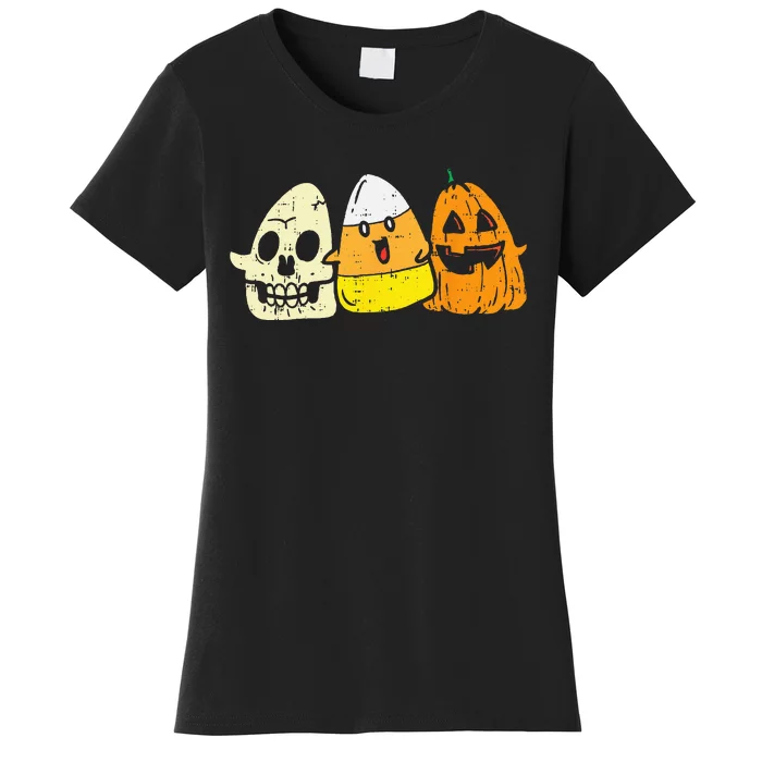 Candy Corn Skeleton Skull Pumpkin Fun Halloween Women's T-Shirt