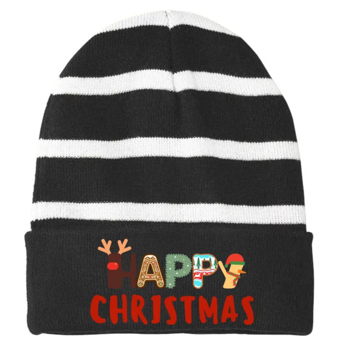 Christmas Cute Santa Cute Reindeer Striped Beanie with Solid Band