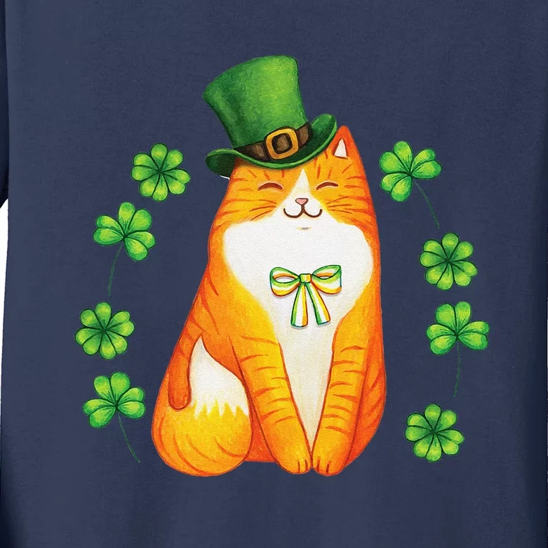 Cute Cat Saint Patrick Day Happy St Orange Kitten Day Kids Long Sleeve Shirt