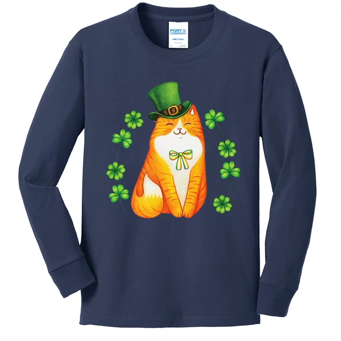 Cute Cat Saint Patrick Day Happy St Orange Kitten Day Kids Long Sleeve Shirt