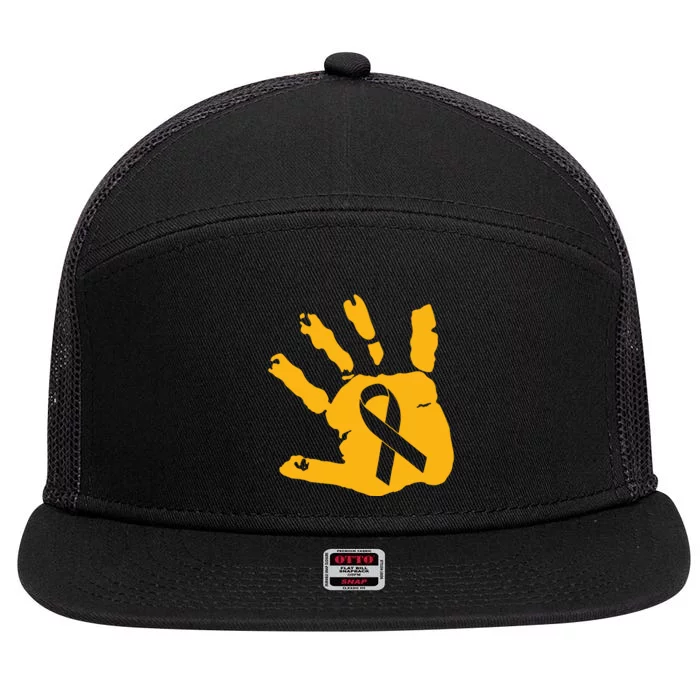 Childhood Cancer Survivor Gold Cancer Ribbon Print Hand 7 Panel Mesh Trucker Snapback Hat