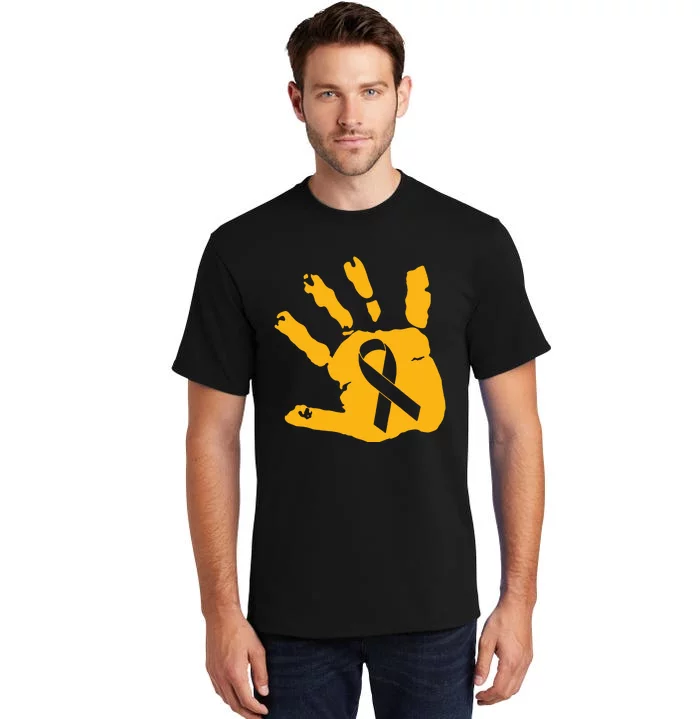 Childhood Cancer Survivor Gold Cancer Ribbon Print Hand Tall T-Shirt