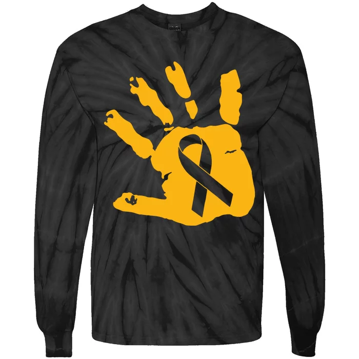 Childhood Cancer Survivor Gold Cancer Ribbon Print Hand Tie-Dye Long Sleeve Shirt