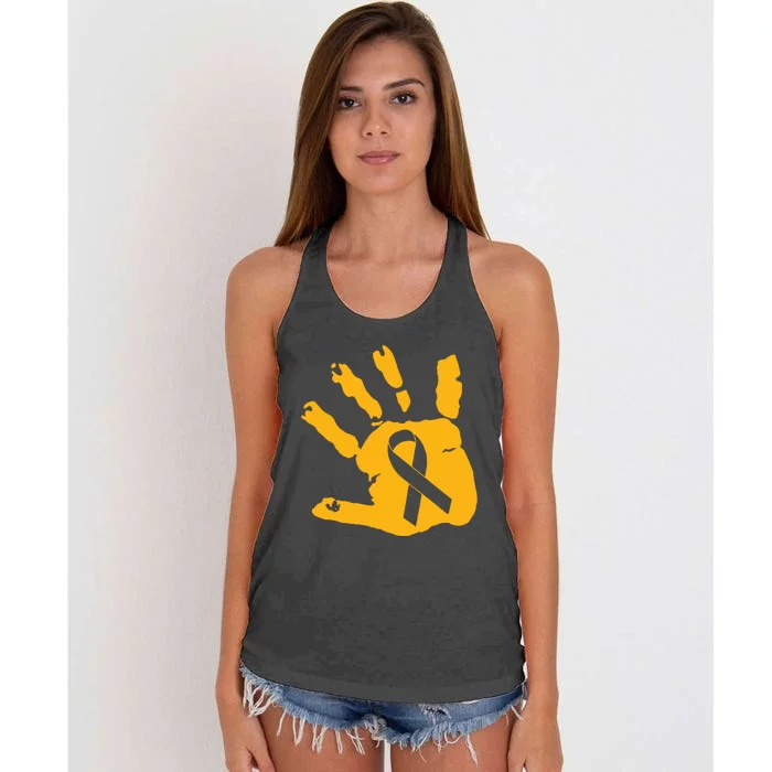 Childhood Cancer Survivor Gold Cancer Ribbon Print Hand Women's Knotted Racerback Tank