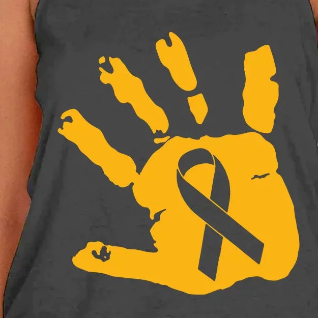 Childhood Cancer Survivor Gold Cancer Ribbon Print Hand Women's Knotted Racerback Tank