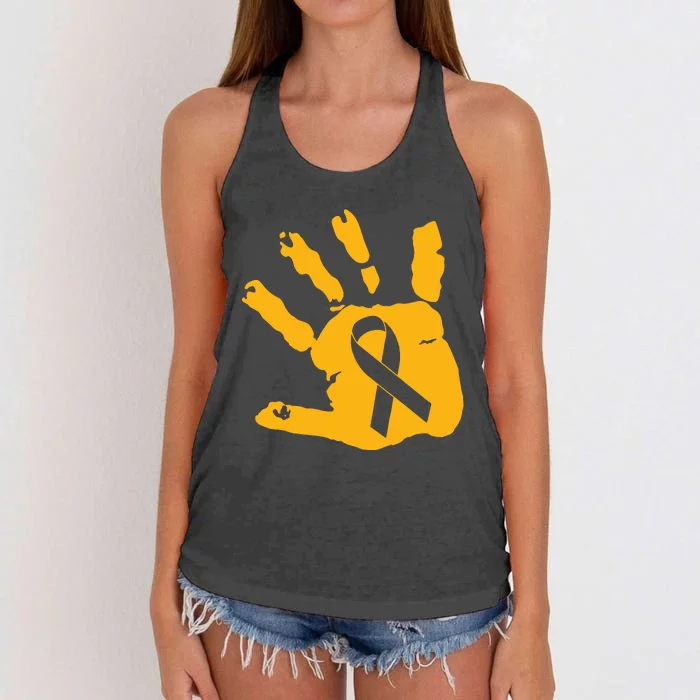 Childhood Cancer Survivor Gold Cancer Ribbon Print Hand Women's Knotted Racerback Tank