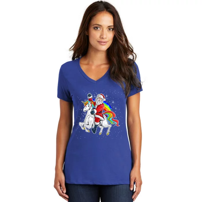 Christmas Cute Santa Claus Riding Unicorn Xmas Rainbow Squad Cool Gift Women's V-Neck T-Shirt