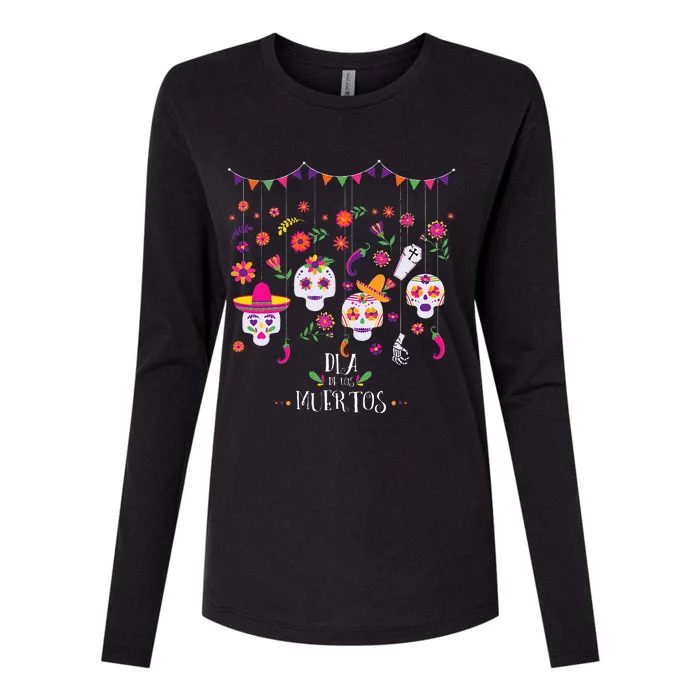 Colorful Calavera Skulls Celebration Mexican Holiday Womens Cotton Relaxed Long Sleeve T-Shirt