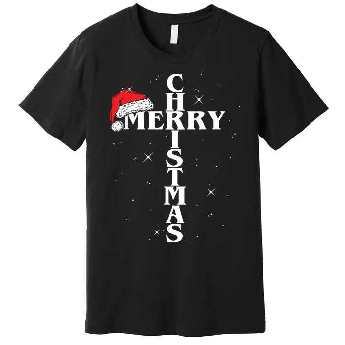 Christian Christmas Santa Hat Jesus Cross And Snow Premium T-Shirt