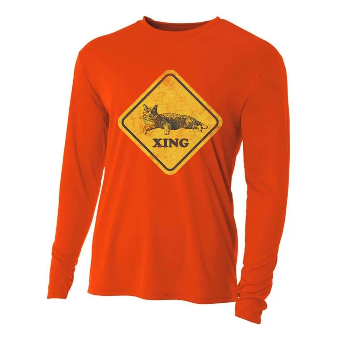 Cat Crossing Sign Lazy Cat Gift Cooling Performance Long Sleeve Crew