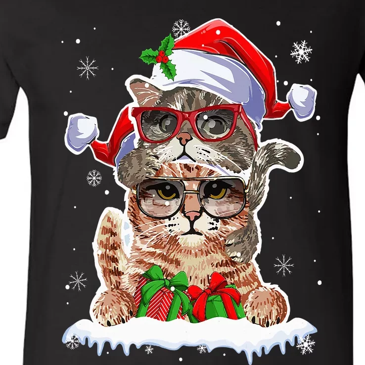 Cat Christmas Santa Cat Mom Cat Dad Cat Lover Merry Catmas V-Neck T-Shirt