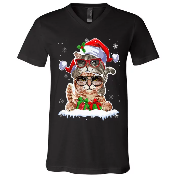 Cat Christmas Santa Cat Mom Cat Dad Cat Lover Merry Catmas V-Neck T-Shirt