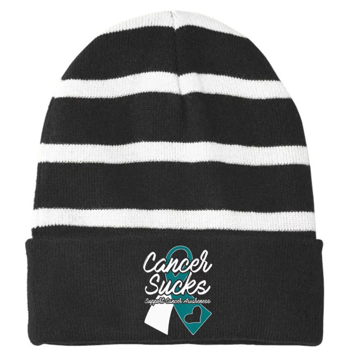 Cervical Cancer Sucks Teal White Support Ribbon Striped Beanie with Solid Band